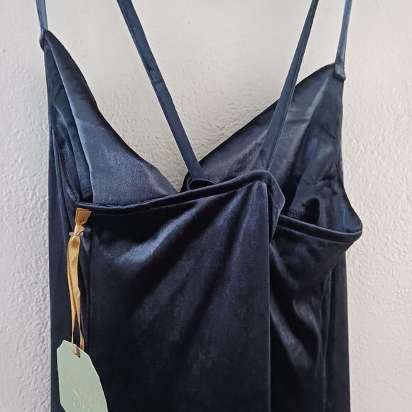 Ryegrass Velvet Dress metallic blue bodycon cowl neck cross back size M - Picture 6 of 6